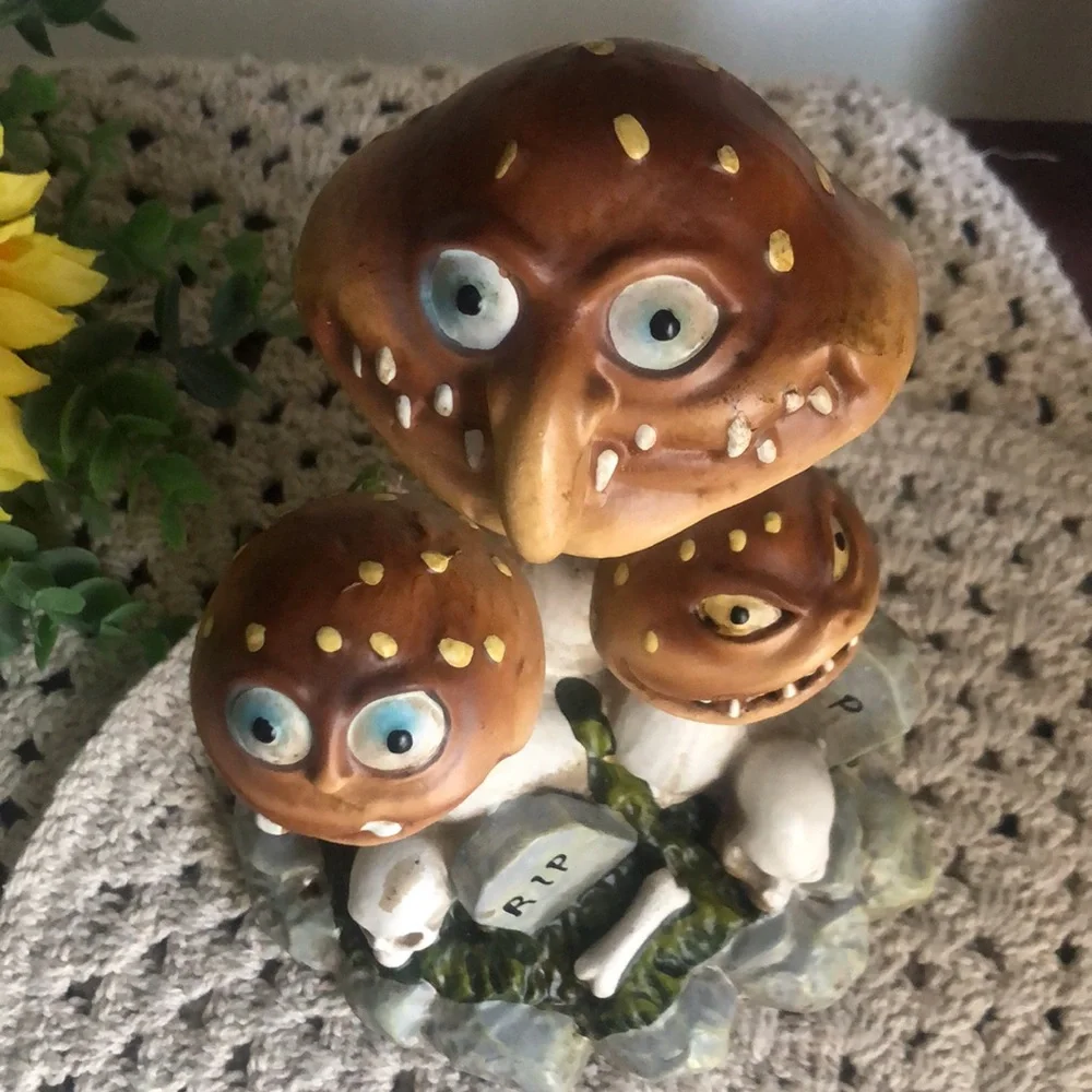 Whimsical Mushroom Figurine with Skulls Halloween Decor